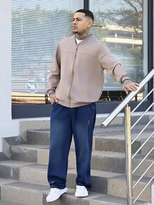 Devon Thys 1件男士純色輕量麂皮抓絨飛行夾克，全拉鍊立領休閒外套，復古人造皮革夾克，男士春秋夾克 - 駝色 - 查看 3