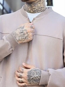 Devon Thys 1件男士純色輕量麂皮抓絨飛行夾克，全拉鍊立領休閒外套，復古人造皮革夾克，男士春秋夾克 - 駝色 - 查看 6