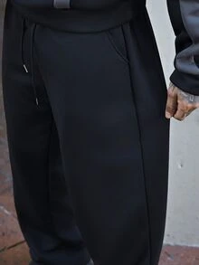 Devon Thys 純色直筒運動長褲，四季穿著，寬鬆版型，中性款，街頭休閒風，舒適輕量透氣，健身運動通勤穿搭 - 黑色 - 查看 6