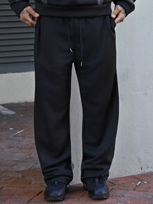 Devon Thys 純色直筒運動長褲，四季穿著，寬鬆版型，中性款，街頭休閒風，舒適輕量透氣，健身運動通勤穿搭 - 黑色 - 查看 2