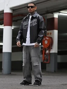 Devon Thys 男士时尚破洞刺绣阔腿牛仔裤 - 灰色 - 查看 1