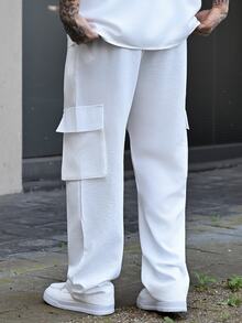 Devon Thys 男士休閒純色立領半門襟鈕扣長袖袖口設計寬鬆薄款襯衫搭配純色長褲 3D口袋裝飾通勤兩件套 - 白色 - 查看 7