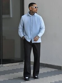 Devon Thys 男士純色藍色休閒長袖襯衫，戶外休閒極簡時尚襯衫，休閒夾克，適合他 - 藍色 - 查看 2