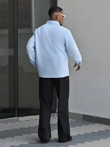 Devon Thys 男士純色藍色休閒長袖襯衫，戶外休閒極簡時尚襯衫，休閒夾克，適合他 - 藍色 - 查看 4