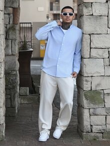 Devon Thys 歐美男士亞麻寬鬆立領長袖休閒鈕扣襯衫，可捲袖，沙灘上衣 - 淺藍色 - 查看 3