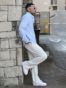 Devon Thys 歐美男士亞麻寬鬆立領長袖休閒鈕扣襯衫，可捲袖，沙灘上衣 - 淺藍色 - 查看 4