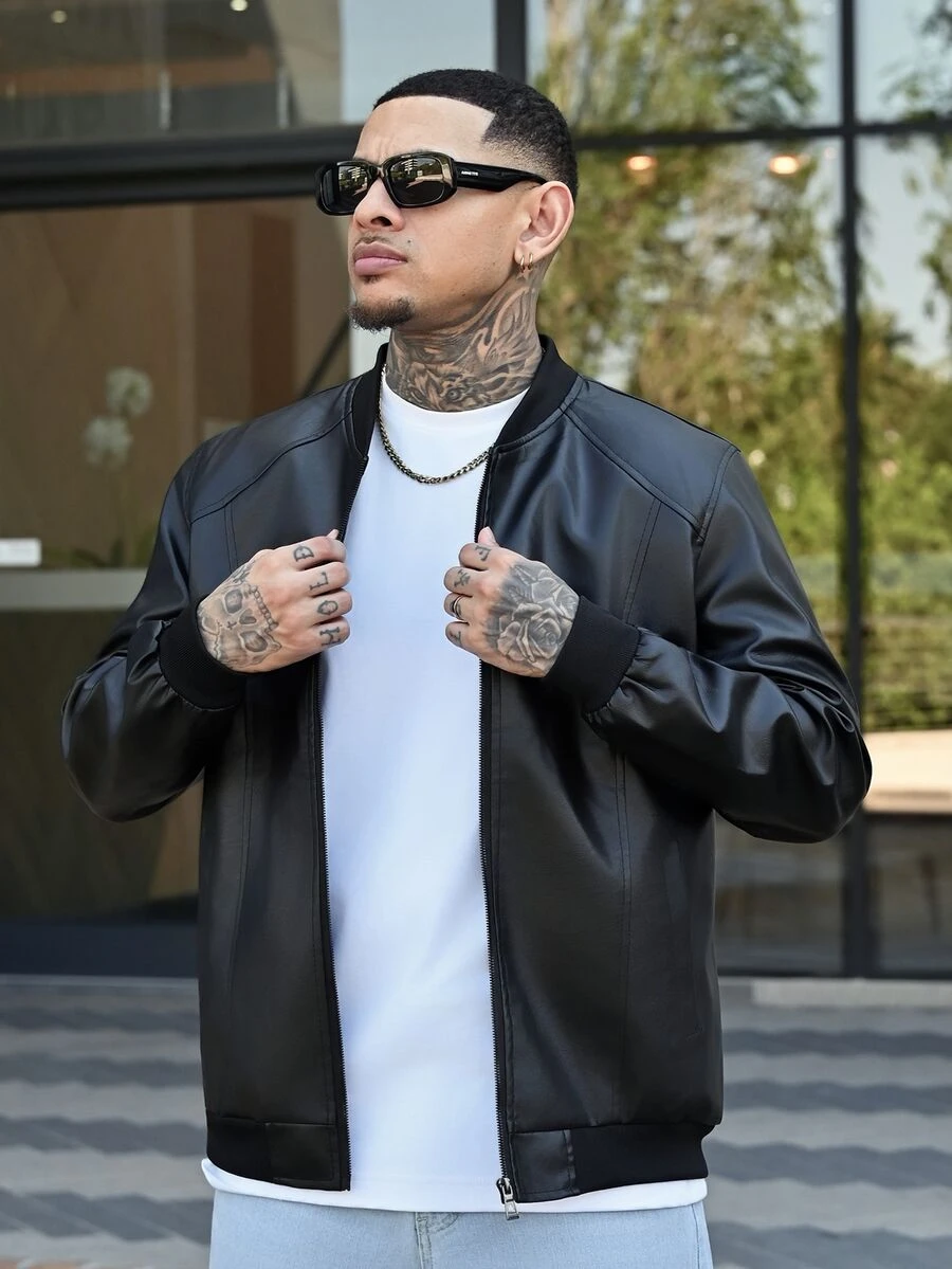 Devon Thys 男士人造皮革夾克、男士飛行員夾克、機車風格、復古男士人造皮革夾克、適合機車騎乘、戶外活動、適合男朋友、丈夫、男士必備人造皮革夾克、黑色夾克四季皆宜、返校季