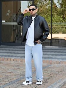 Devon Thys 男士人造皮革夾克、男士飛行員夾克、機車風格、復古男士人造皮革夾克、適合機車騎乘、戶外活動、適合男朋友、丈夫、男士必備人造皮革夾克、黑色夾克四季皆宜、返校季 - 黑色 - 查看 4