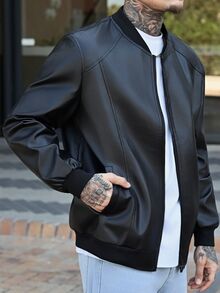 Devon Thys 男士人造皮革夾克、男士飛行員夾克、機車風格、復古男士人造皮革夾克、適合機車騎乘、戶外活動、適合男朋友、丈夫、男士必備人造皮革夾克、黑色夾克四季皆宜、返校季 - 黑色 - 查看 7
