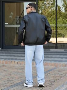 Devon Thys 男士人造皮革夾克、男士飛行員夾克、機車風格、復古男士人造皮革夾克、適合機車騎乘、戶外活動、適合男朋友、丈夫、男士必備人造皮革夾克、黑色夾克四季皆宜、返校季 - 黑色 - 查看 6