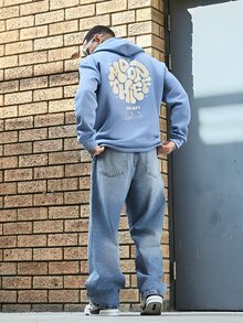 Devon Thys 男士休閒時尚百搭日常通勤字母圖案印花袋鼠口袋抽繩連帽衛衣，秋冬款，寬鬆版型 - 淺藍色 - 查看 4