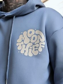 Devon Thys 男士休閒時尚百搭日常通勤字母圖案印花袋鼠口袋抽繩連帽衛衣，秋冬款，寬鬆版型 - 淺藍色 - 查看 6