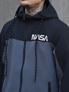 Devon Thys 男士長袖休閒運動風拼色字母印花拉鍊抽繩連帽外套，適合春秋季，送給他的禮物 - 灰色 - 查看 6