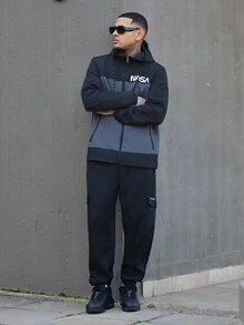 Devon Thys 男士長袖休閒運動風拼色字母印花拉鍊抽繩連帽外套，適合春秋季，送給他的禮物 - 灰色 - 查看 2
