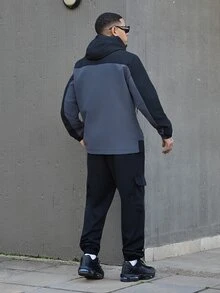 Devon Thys 男士長袖休閒運動風拼色字母印花拉鍊抽繩連帽外套，適合春秋季，送給他的禮物 - 灰色 - 查看 4