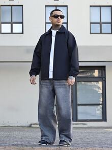 Devon Thys 男士休闲纯色教练夹克，时尚百搭翻领轻便外套，适合秋季穿着 - 黑色 - 查看 3