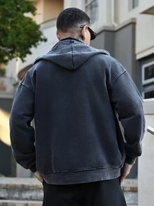 Devon Thys 男士水洗落肩拉链休闲连帽衫，秋季款 - 黑色 - 查看 2