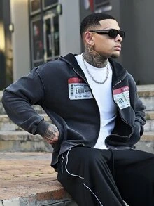 Devon Thys 男士水洗落肩拉链休闲连帽衫，秋季款 - 黑色 - 查看 5