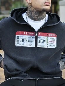 Devon Thys 男士水洗落肩拉链休闲连帽衫，秋季款 - 黑色 - 查看 6