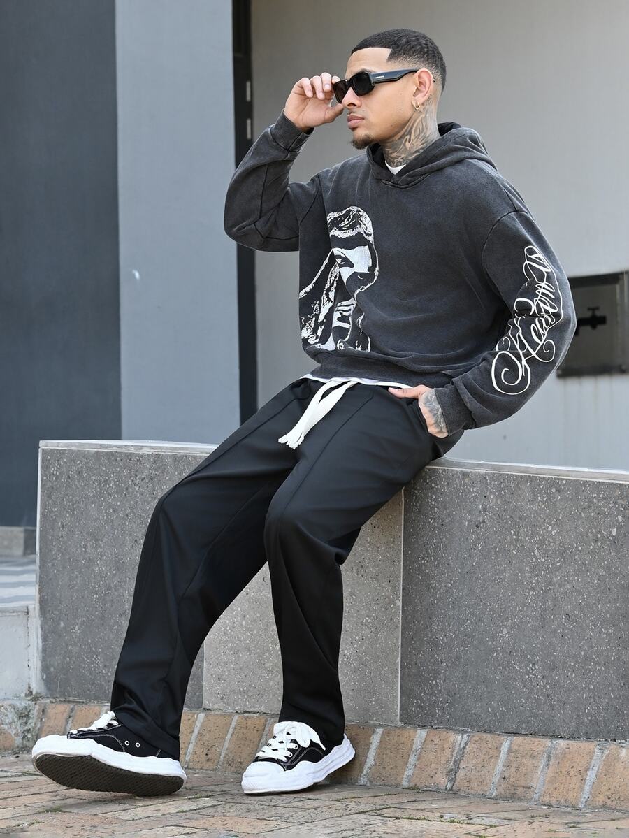 Devon Thys Men's Drawstring Loose Fit Straight Leg Sporty Outdoor Casual Pants, Business Formal Style, Fall - Black - View 1
