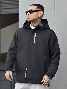 Devon Thys Men's Spring/Autumn Hooded Jacket With Pockets, Printed Lightweight Outerwear - Black - View 7