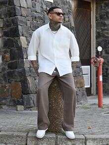 Devon Thys 1件杏色男士仿亞麻觸感直筒褲，抽繩鬆緊腰沙灘褲，度假風，可機洗，寬鬆版型，休閒慵懶男褲，適合夏季度假海灘旅行，尺碼偏大，請選擇小一號以獲得更好貼合度 - 咖啡棕 - 查看 1