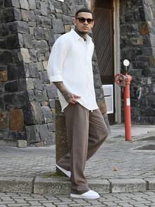 Devon Thys 1件杏色男士仿亞麻觸感直筒褲，抽繩鬆緊腰沙灘褲，度假風，可機洗，寬鬆版型，休閒慵懶男褲，適合夏季度假海灘旅行，尺碼偏大，請選擇小一號以獲得更好貼合度 - 咖啡棕 - 查看 4