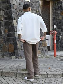Devon Thys 1件杏色男士仿亞麻觸感直筒褲，抽繩鬆緊腰沙灘褲，度假風，可機洗，寬鬆版型，休閒慵懶男褲，適合夏季度假海灘旅行，尺碼偏大，請選擇小一號以獲得更好貼合度 - 咖啡棕 - 查看 3