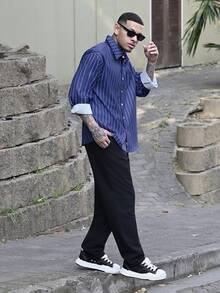 Devon Thys 男士细条纹长袖衬衫，时尚休闲风格，适合春秋季穿着 - 藍色 - 查看 3