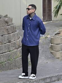 Devon Thys 男士细条纹长袖衬衫，时尚休闲风格，适合春秋季穿着 - 藍色 - 查看 4