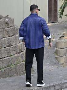 Devon Thys 男士细条纹长袖衬衫，时尚休闲风格，适合春秋季穿着 - 藍色 - 查看 5