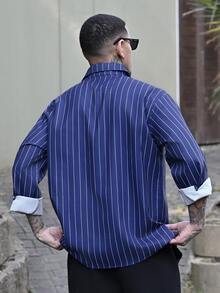 Devon Thys 男士细条纹长袖衬衫，时尚休闲风格，适合春秋季穿着 - 藍色 - 查看 2
