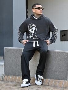 Devon Thys 男士印花“天堂”标语休闲街头风连帽衫，秋季卫衣，假日舒适秋冬款式连帽衫，长袖上衣，Y2K - 黑色 - 查看 1