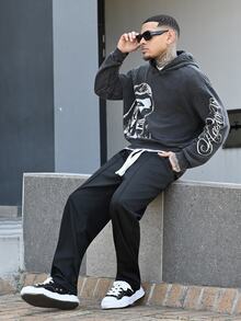 Devon Thys 男士印花“天堂”标语休闲街头风连帽衫，秋季卫衣，假日舒适秋冬款式连帽衫，长袖上衣，Y2K - 黑色 - 查看 3