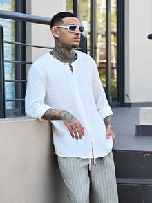 Devon Thys 男士純色鈕扣長袖襯衫，秋季，節日 - 白色 - 查看 1