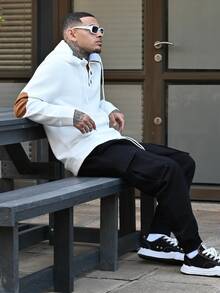 Devon Thys 男士休闲撞色纹理半扣抽绳连帽衫，春秋季外出长袖拼色连帽衫，适合朋友、丈夫、男朋友的礼物 - 白色 - 查看 3