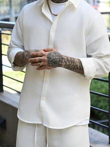 Devon Thys 男士白色长袖单排扣衬衫和抽绳腰短裤两件套休闲套装，秋季服装，假日装 - 白色 - 查看 6