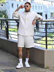 Devon Thys 男士白色长袖单排扣衬衫和抽绳腰短裤两件套休闲套装，秋季服装，假日装 - 白色 - 查看 1