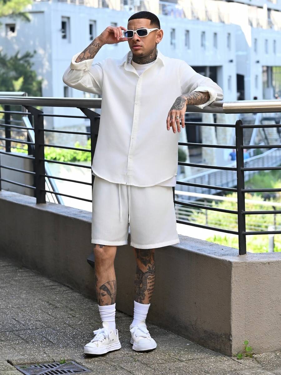 Devon Thys 男士白色长袖单排扣衬衫和抽绳腰短裤两件套休闲套装,秋季服装,假日装 - 白色 - 查看 1