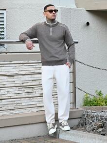 Devon Thys Men's Casual Versatile Knit Spring Summer Holiday  Men Quarter Zip Brown Sweater, Old Money - Coffee Brown - View 4