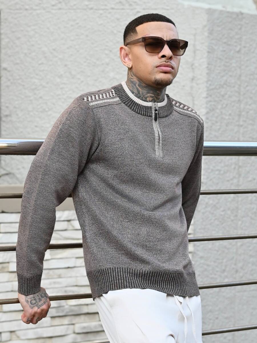 Devon Thys Men's Casual Versatile Knit Spring Summer Holiday Men Quarter Zip Brown Sweater, Old Money - Coffee Brown - View 1