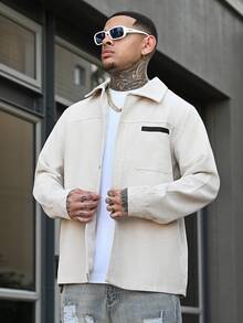 Devon Thys 男士燈芯絨襯衫外套，秋季街頭風城市度假黑色鈕扣長袖口袋休閒工作外套，男友禮物 - 杏色 - 查看 1