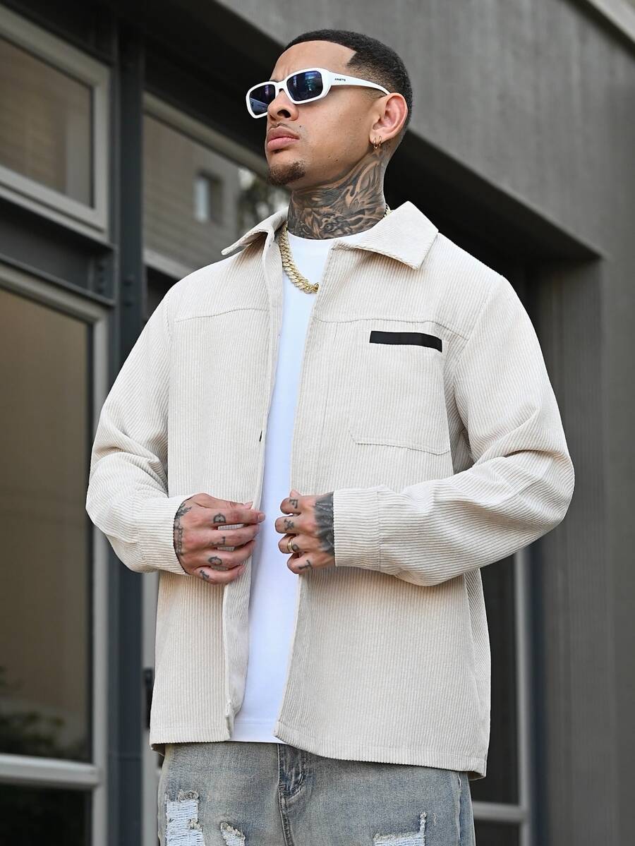 Devon Thys 男士燈芯絨襯衫外套,秋季街頭風城市度假黑色鈕扣長袖口袋休閒工作外套,男友禮物 - 杏色 - 查看 1