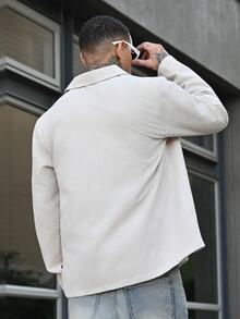 Devon Thys 男士燈芯絨襯衫外套，秋季街頭風城市度假黑色鈕扣長袖口袋休閒工作外套，男友禮物 - 杏色 - 查看 5