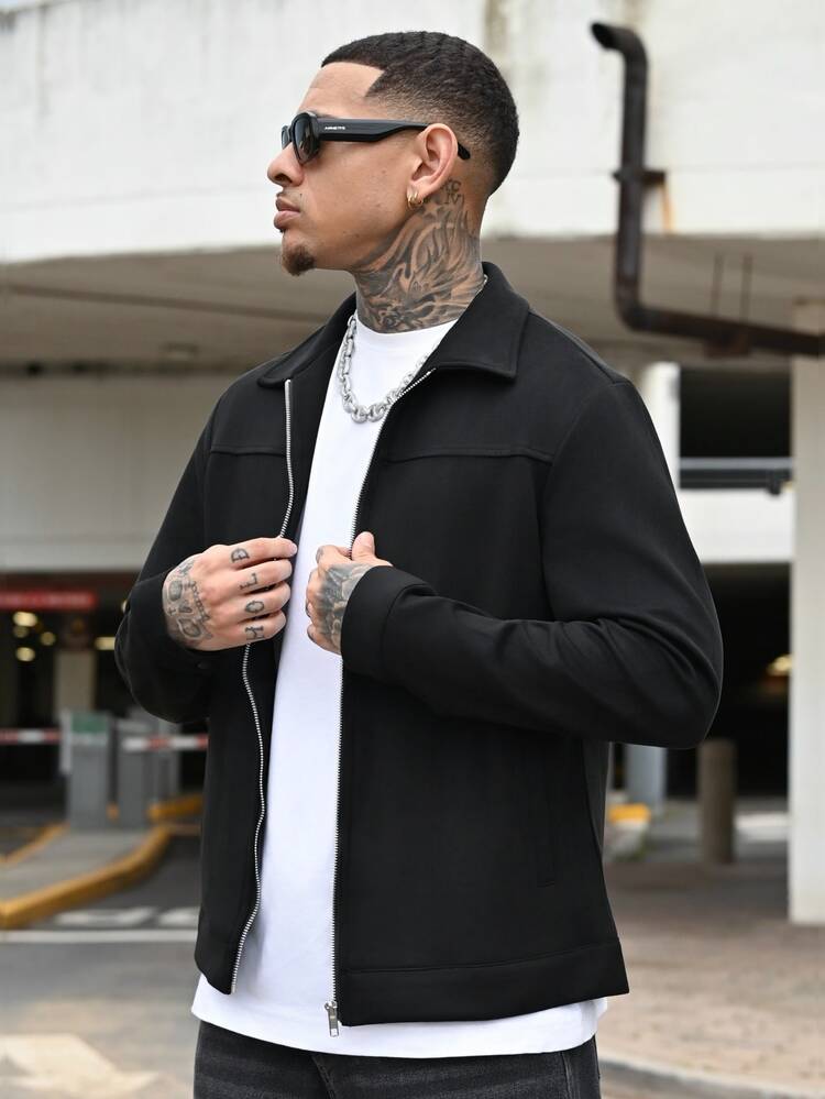 Devon Thys 男士长袖拉链斜插口袋夹克，秋季款 - 黑色 - 查看 5
