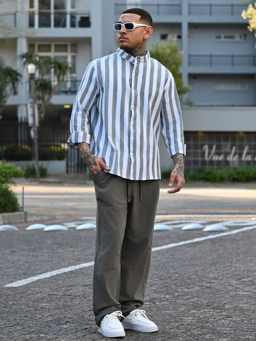 Devon Thys 男士宽松纯色抽绳腰直筒裤 - 綠色 - 查看 1