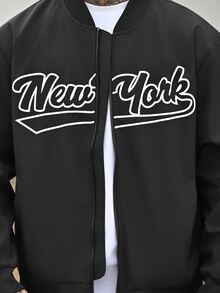 Devon Thys Men's Letter Printed Zipper Front Baseball Collar Windbreaker Jacket,Black And White,Autumn,Streetwear,Graduation,Back-To-School Outdoor Light Jacket - Black - View 6