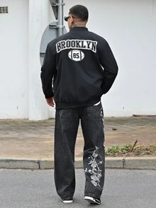 Devon Thys Men's Letter Printed Zipper Front Baseball Collar Windbreaker Jacket,Black And White,Autumn,Streetwear,Graduation,Back-To-School Outdoor Light Jacket - Black - View 5