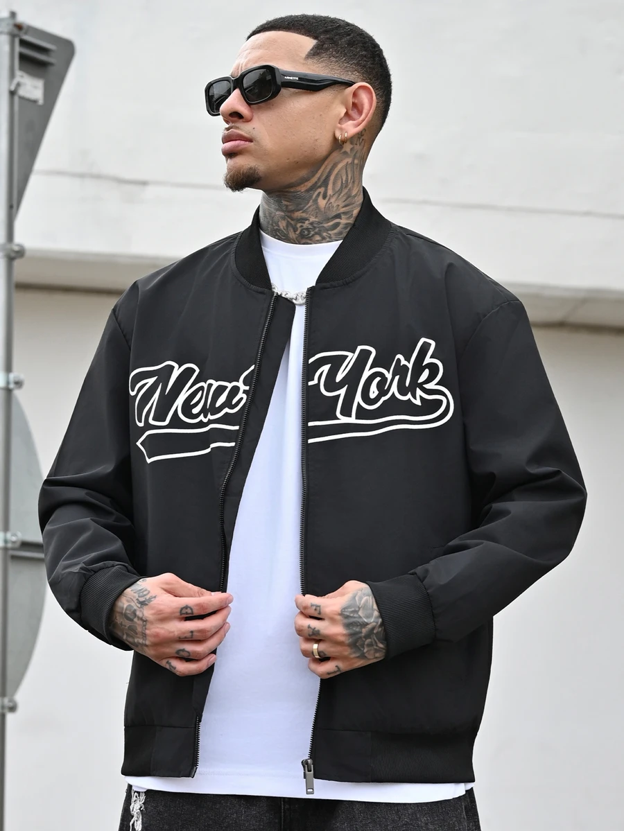 Devon Thys Men's Letter Printed Zipper Front Baseball Collar Windbreaker Jacket,Black And White,Autumn,Streetwear,Graduation,Back-To-School Outdoor Light Jacket - Black - View 1
