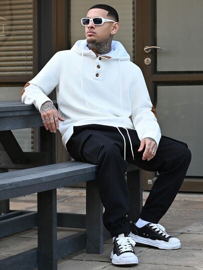 Devon Thys Men's Drawstring Waist Cargo Denim Pants,Slanted Pockets Jean Joggers,Streetwear Black And White,Winter City Break Cargos For Men